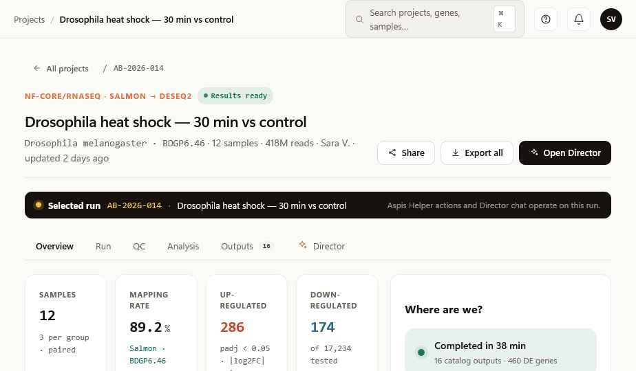 Project detail page with Samples, Mapping rate, Up-regulated and Down-regulated stat cards